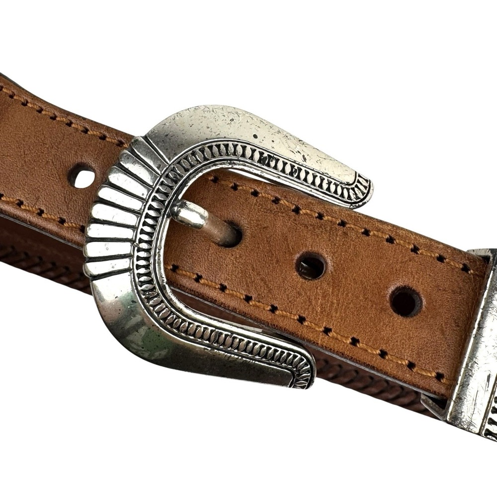 Vintage 90's South Western Beaded Brown Leather Belt 37.5" Native American Aztec - Picture 4 of 13